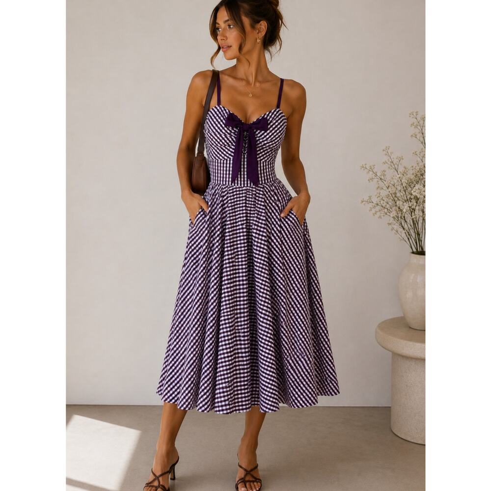 Unique Vintage Purple and White Gingham Fit-and-Flare Midi Dress